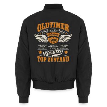 Oldtimer Februar 1996 - Geburtstag - Geschenk - Unisex Bomberjacke - Schwarz - Hinten - AI Model Male 185 light (185cm)