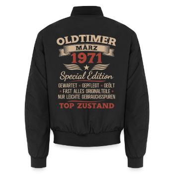 55. Geburtstag Geschenk Mann Oldtimer März 1971 - Unisex Bomberjacke - Schwarz - Hinten - AI Model Male 185 light (185cm)