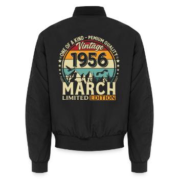 70th Birthday Gift Husband Vintage March 1956 - Unisex Bomber Jacket - black - Back - AI Model Male 185 light (185cm)