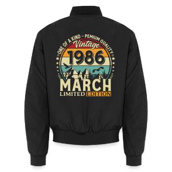40th Birthday Gift Husband Vintage March 1986 - Unisex Bomber Jacket - black - Back - AI Model Male 185 light (185cm)