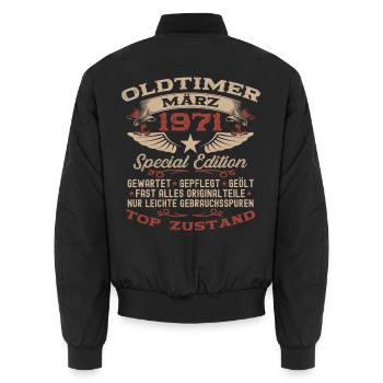 55. Geburtstag Geschenk Mann Oldtimer März 1971 - Unisex Bomberjacke - Schwarz - Hinten - AI Model Male 185 light (185cm)
