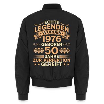 50th Birthday 1976 Vintage Legend Gift - Unisex Bomber Jacket - black - Back - AI Model Male 185 light (185cm)