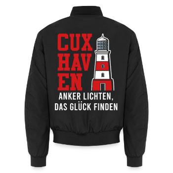 Nordsee Urlaub CUXHAVEN ANKER LICHTEN GLÜCK FINDEN - Unisex Bomberjacke - Schwarz - Hinten - AI Model Male 185 light (185cm)