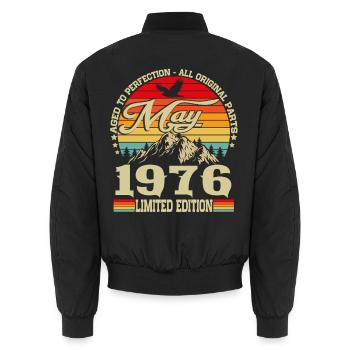 Vintage May 1976 Vintage Retro Birthday - Unisex Bomber Jacket - black - Back - AI Model Male 185 light (185cm)