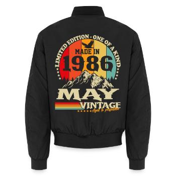 May 1986 Vintage Born Birthday Gift - Unisex Bomber Jacket - black - Back - AI Model Male 185 light (185cm)