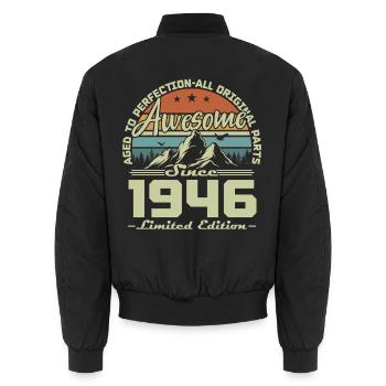 80th Birthday Gift 1946 Vintage Retro - Unisex Bomber Jacket - black - Back - AI Model Male 185 light (185cm)
