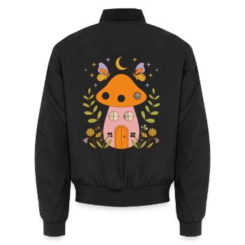 Moonlit Mushroom Cottage - Unisex Bomber Jacket - black - Back - AI Model Male 185 light (185cm)