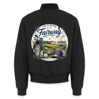 Life is Better on the Fairway – Golf Gift Desi - Unisex Bomber Jacket - black - Back - AI Model Male 185 light (185cm)