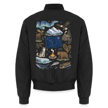 Alaska | Northern Lights, Wilderness & Adventure - Unisex Bomber Jacket - black - Back - AI Model Male 185 light (185cm)