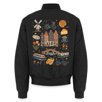 Netherlands | Canals, Tulips & Bicycles - Unisex Bomber Jacket - black - Back - AI Model Male 185 light (185cm)