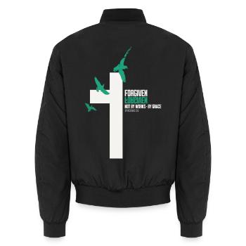 FORGIVEN Kreuz Tauben Weiß Grace Vers - Unisex Bomberjacke - Schwarz - Hinten - AI Model Male 185 light (185cm)