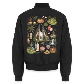 Bali | Temples, Tropics & Wanderlust - Unisex Bomber Jacket - black - Back - AI Model Male 185 light (185cm)