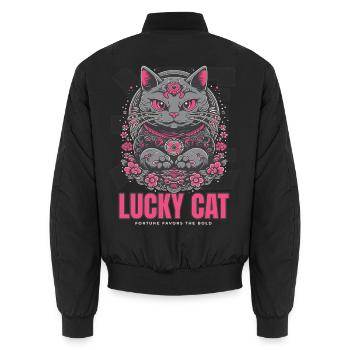 Lucky Cat Glückskatze Maneki Neko Pink - Unisex Bomber Jacket - black - Back - AI Model Male 185 light (185cm)