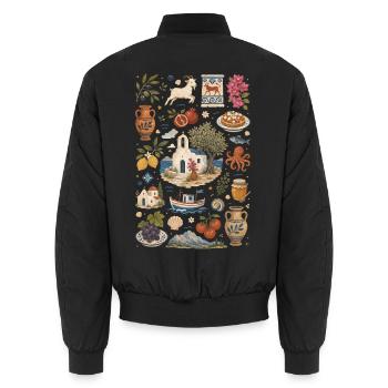 Crete | Olives, sea & island culture - Unisex Bomber Jacket - black - Back - AI Model Male 185 light (185cm)
