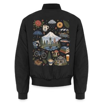 Portland, Oregon Coffee, Nature & Roses - Unisex Bomber Jacket - black - Back - AI Model Male 185 light (185cm)