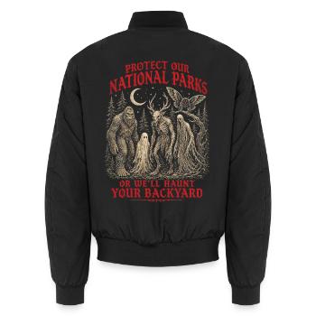 Cryptid Protect Our National Parks - Unisex Bomber Jacket - black - Back - AI Model Male 185 light (185cm)