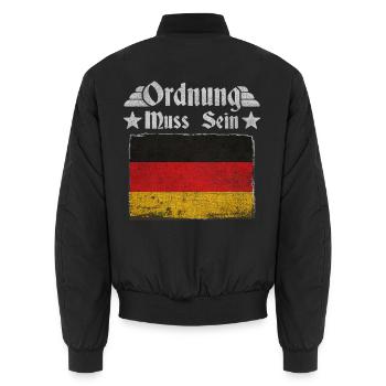 Ordnung muss sein – Deutschland Retro Flagge - Unisex Bomberjacke - Schwarz - Hinten - AI Model Male 185 light (185cm)