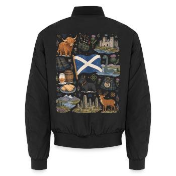 Scotland | Highlands, Kilt & Whisky - Unisex Bomber Jacket - black - Back - AI Model Male 185 light (185cm)