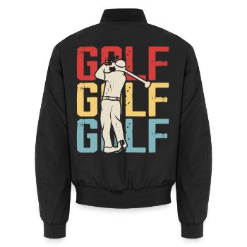 Retro Golf – tee off with passion - Unisex Bomber Jacket - black - Back - AI Model Male 185 light (185cm)