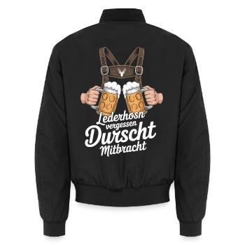 Lederhosn vergessen – Durscht Mitbracht - Unisex Bomberjacke - Schwarz - Hinten - AI Model Male 185 light (185cm)