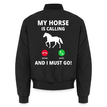 Pferd Anruf My Horse Is Calling And I Must Go - Unisex Bomberjacke - Schwarz - Hinten - AI Model Male 185 light (185cm)