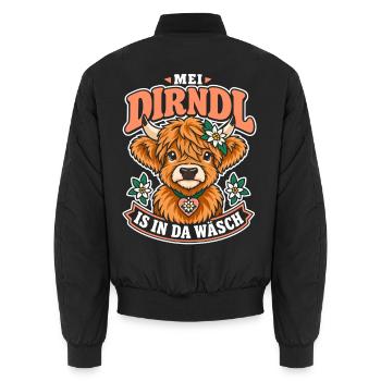 Mei Dirndl is in da Wäsch Hochlandrind  - Unisex Bomberjacke - Schwarz - Hinten - AI Model Male 185 light (185cm)