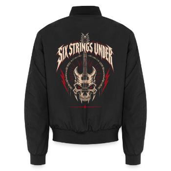 Six Strings Under – Metal Totenkopf Gitarre - Unisex Bomberjacke - Schwarz - Hinten - AI Model Male 185 light (185cm)