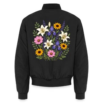 Weisse Lilie violette Iris Lavendel Cottagecore - Unisex Bomberjacke - Schwarz - Hinten - AI Model Male 185 light (185cm)