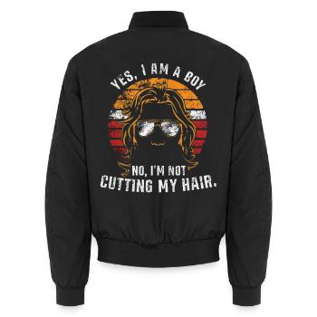 Ja, ich bin ein Junge. Nein, ich schneide mir nicht die Haare. - Unisex Bomberjacke - Schwarz - Hinten - AI Model Male 185 light (185cm)