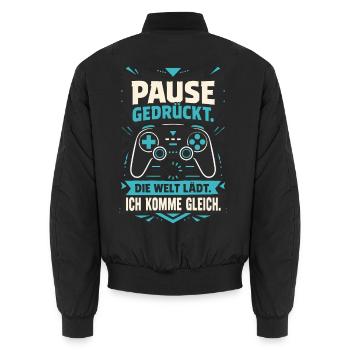 Pause gedrückt – Welt lädt - Unisex Bomberjacke - Schwarz - Hinten - AI Model Male 185 light (185cm)
