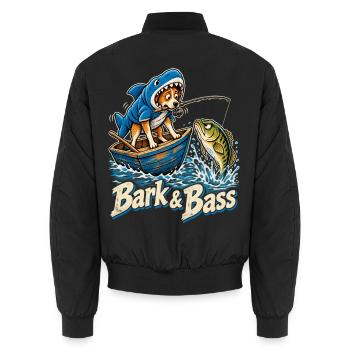 Bark & Bass Hund im Hai-Kostüm beim Angeln - Unisex Bomberjacke - Schwarz - Hinten - AI Model Male 185 light (185cm)