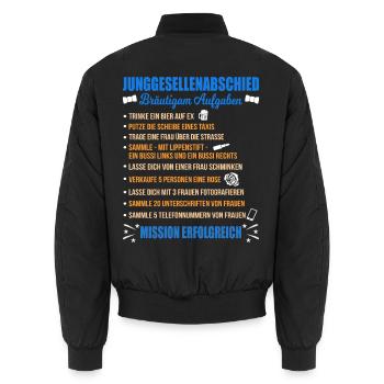 Junggesellenabschied Aufgaben Bräutigam Checkliste - Unisex Bomberjacke - Schwarz - Hinten - AI Model Male 185 light (185cm)