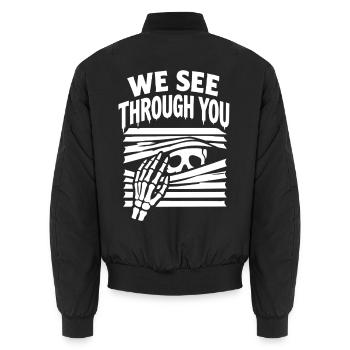Wir sehen durch dein Skelett hinter Jalousien hindurch - Unisex Bomberjacke - Schwarz - Hinten - AI Model Male 185 light (185cm)