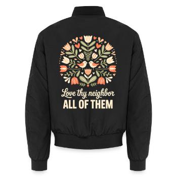 Liebe deinen Nächsten, alle von ihnen Blumen-Christen - Unisex Bomberjacke - Schwarz - Hinten - AI Model Male 185 light (185cm)