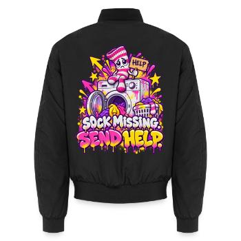 Socken vermisst – Hilfe Gesucht - Unisex Bomberjacke - Schwarz - Hinten - AI Model Male 185 light (185cm)