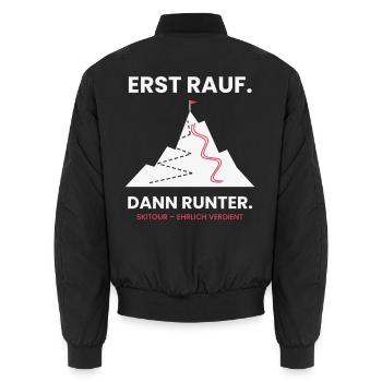 Erst rauf, dann runter | Skitour - Unisex Bomberjacke - Schwarz - Hinten - AI Model Male 185 light (185cm)