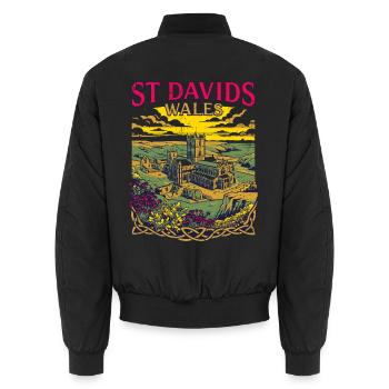 City St Davids Cathedral Wales Retro Travel - Unisex Bomberjacke - Schwarz - Hinten - AI Model Male 185 light (185cm)
