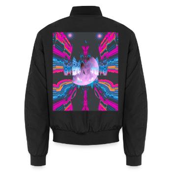 Neon Muster mit Mond und Adler im Zentrum - Unisex Bomberjacke - Schwarz - Hinten - AI Model Male 185 light (185cm)