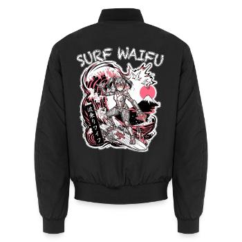 SURF WAIFU Pink Cyberpunk Neo Ukiyo-E Japan - Unisex Bomberjacke - Schwarz - Hinten - AI Model Male 185 light (185cm)
