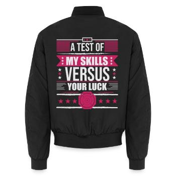 Skills vs Luck – Crokinole Spieler Brettspiel - Unisex Bomberjacke - Schwarz - Hinten - AI Model Male 185 light (185cm)