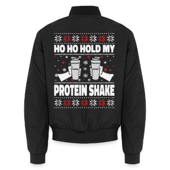 Ho Ho Hold My Protein Shake – Gym Weihnachten - Unisex Bomberjacke - Schwarz - Hinten - AI Model Male 185 light (185cm)