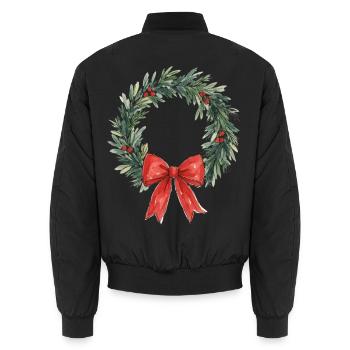 Traditioneller Weihnachtskranz mit roter Schleife - Unisex Bomberjacke - Schwarz - Hinten - AI Model Male 185 light (185cm)