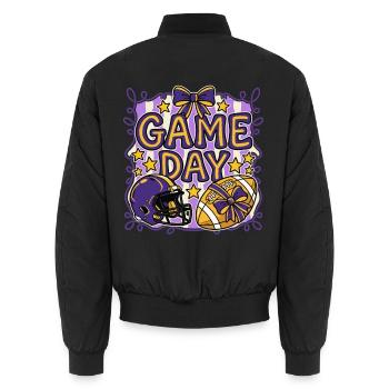 Spieltag – Lila-Gold-Football-Fan-Mama - Unisex Bomberjacke - Schwarz - Hinten - AI Model Male 185 light (185cm)