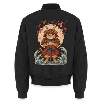 Samurai Katze mit Katana vor roter Sonne - Unisex Bomberjacke - Schwarz - Hinten - AI Model Male 185 light (185cm)