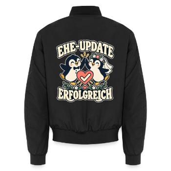 Ehe-Update erfolgreich – Pinguine Hochzeit - Unisex Bomberjacke - Schwarz - Hinten - AI Model Male 185 light (185cm)