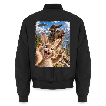 Osterhase Selfie mit Bigfoot, T-Rex, UFO - Unisex Bomberjacke - Schwarz - Hinten - AI Model Male 185 light (185cm)