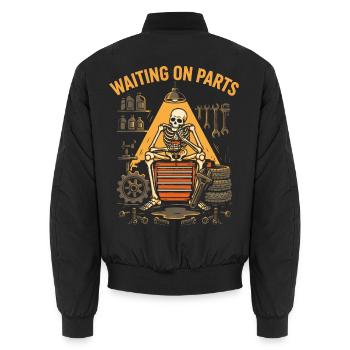 Lustiges Warten auf Teile-Mechaniker-Skelett - Unisex Bomberjacke - Schwarz - Hinten - AI Model Male 185 light (185cm)