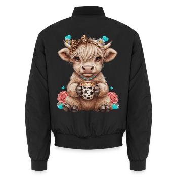 Hochlandrind Kalb mit Schleife und Kaffee - Unisex Bomberjacke - Schwarz - Hinten - AI Model Male 185 light (185cm)