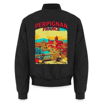 Vintage Style Perpignan France Cityscape Novelty - Unisex Bomberjacke - Schwarz - Hinten - AI Model Male 185 light (185cm)