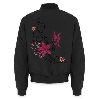 Flowers with filigree floral ornament. Feminine. - Unisex Bomber Jacket - black - Back - AI Model Male 185 light (185cm)